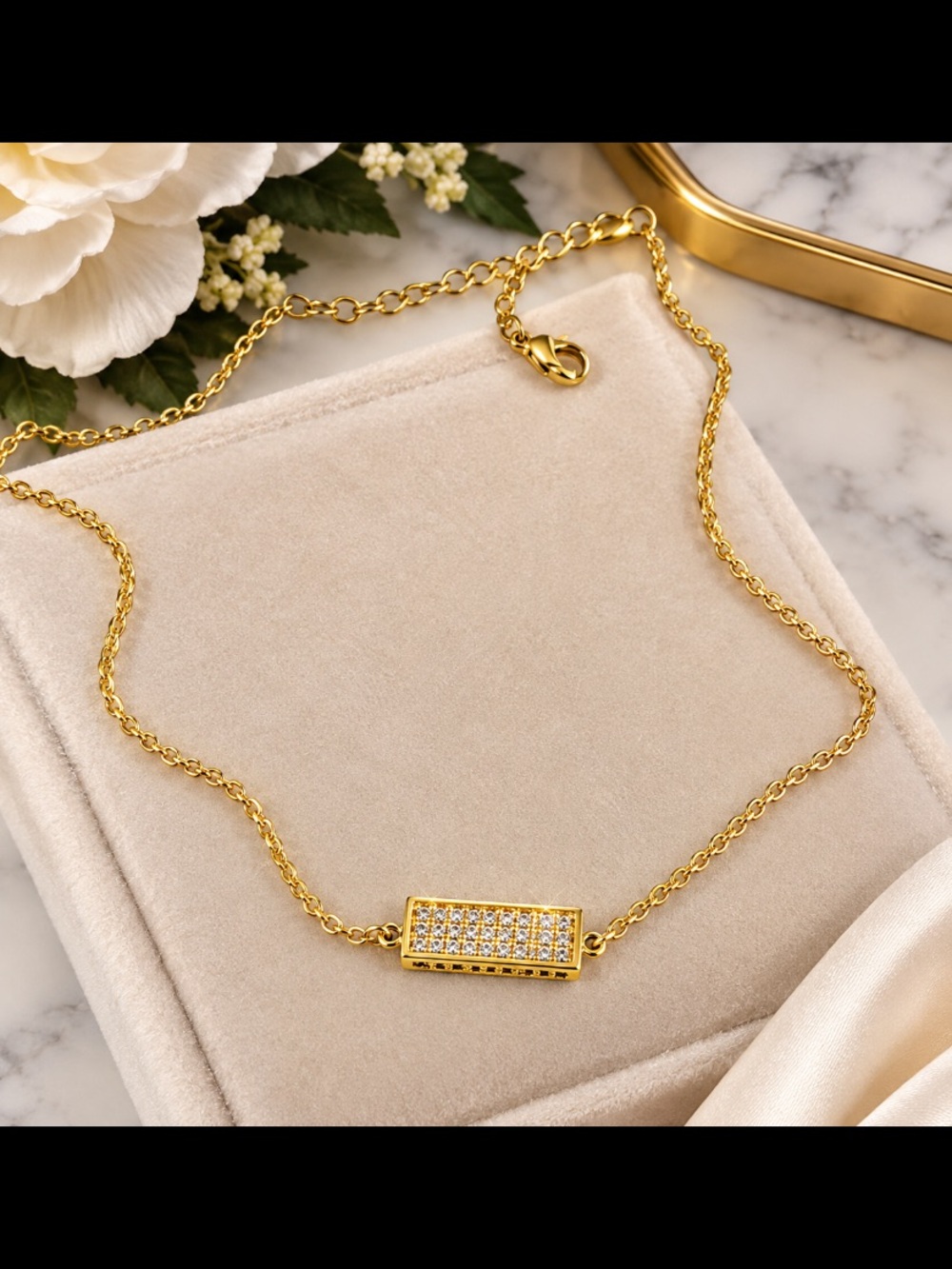 Gold Moissanite Rectangle Pendant Necklace